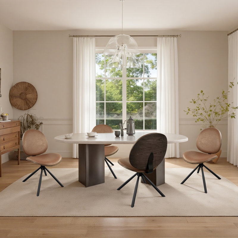 18'' H Swivel Faux Leather Dining Chair With Curved Solid Wood Back, Modern Armless Upholstered Side Chair With Steel Metal Base For Dining Room Kitchen Home Office