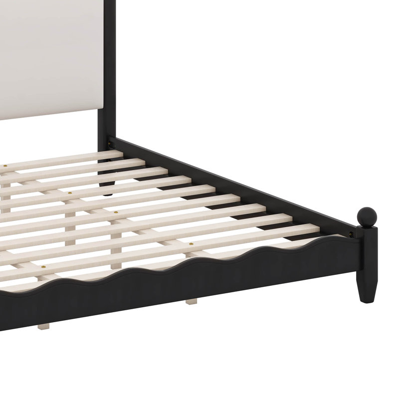 Lit plateforme classique en bois avec tête de lit tapissier festonnée élégante, Black/Beige, Très grand