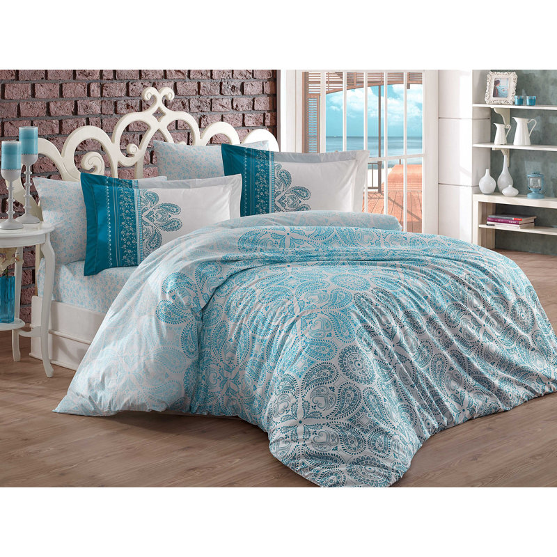 Ensemble de housse de couette 100% coton Pierpoint, Housse de couette double TG + 3 pièces supplémen, Blanc / bleu