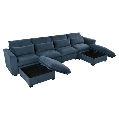 U-Shaped Modular Corner Sofa with Linen Blend Upholstery in Blue