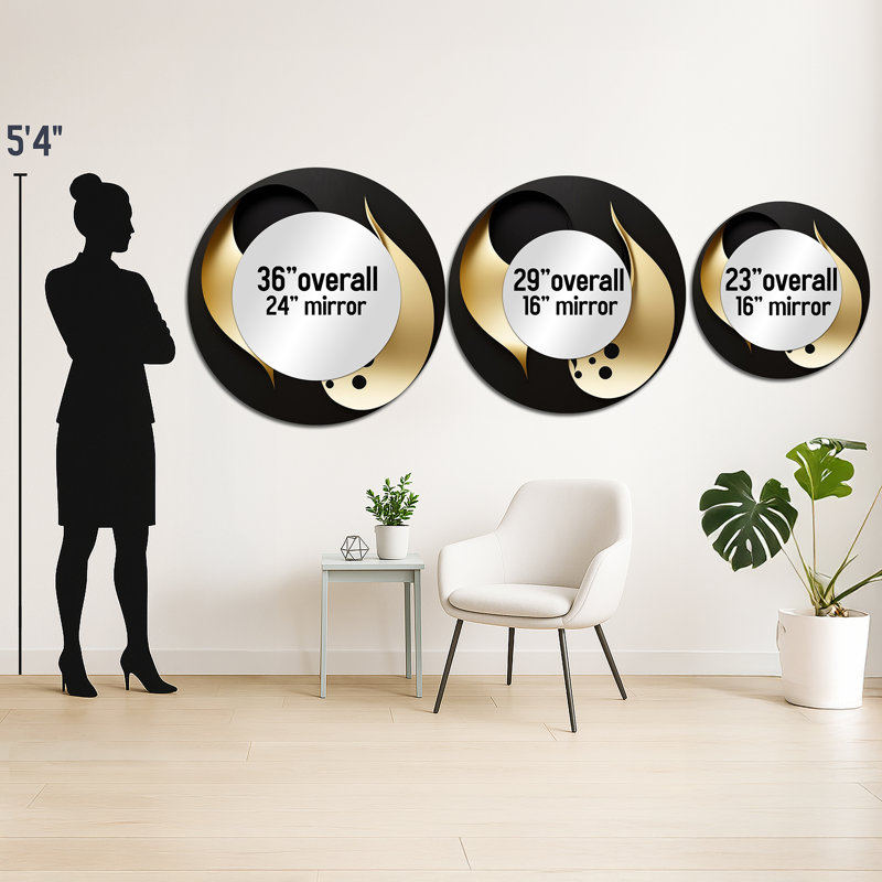 Golden Droplets On Black - grand miroir géométrique, miroir mural rond noir, impression sur métal, 29 po x 29 po