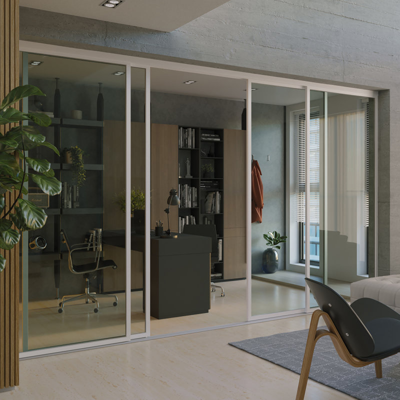 Cloison 4 panneaux coulissants en verre transparent - structure en aluminium avec technologie Silent Glide, 160 po x 96 po