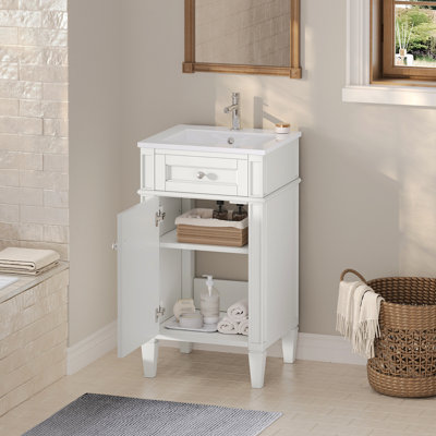18-Inch Bathroom Vanity With Ceramic Sink, Freestanding Single Vanity Set With Soft Closing Door, Adjustable Shelf, French Style, Solid Feet, White