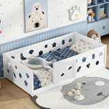 Floor Bed With Heightened Safety Guardrails And Door, Solid Wood Bedframe With Rails