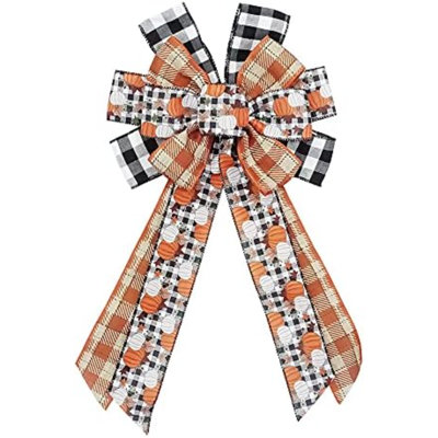 Fall Pumpkin Buffalo Plaid Wreath Bow for Autumn Thanksgiving Decor - Indoor/Outdoor Wall Decoration Supplies Ornaments