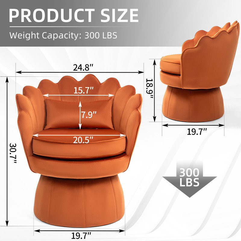 Fauteuil d'appoint rembourré et pivotant en velours, Velours orange
