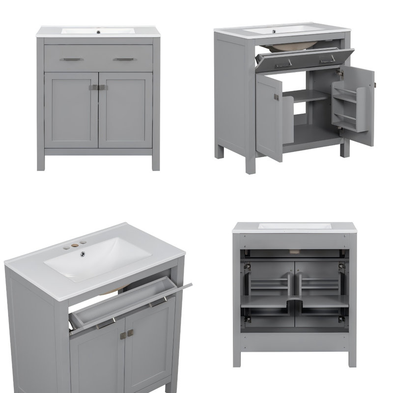 Meuble-lavabo moderne 30 po avec lavabo en céramique, portes à fermeture en douceur, tiroir escamotable et tablette réglable