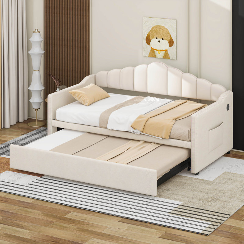 Lit de jour simple avec couchette escamotable avec ports USB et poches de rangement, Beige