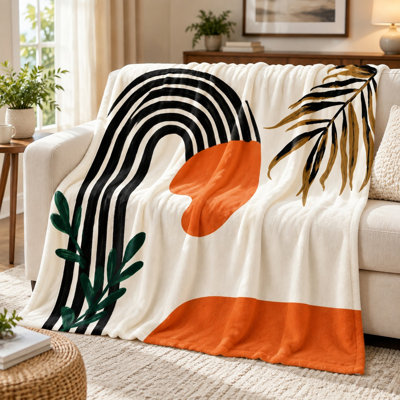 Jeté abstrait en flanelle Boho - Motif de feuilles marbré moderne Mid-Century, noir, blanc, orange, confortable, léger, respirant, toutes saisons, doux pour la peau, lavable à la machine, décoratif, pour canapé-lit, salon