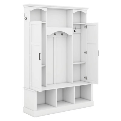 All-In-One Hall Tree With Adjustable Shelves, Arched Storage Bench With Dual Side Cabinets, Entryway Organizer With 7 Hooks