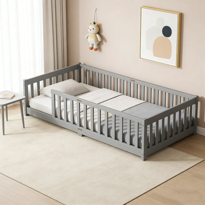 Twin Size Rubber Wood Floor Bed With Fence, No Door, Safety Guardrails, Grey