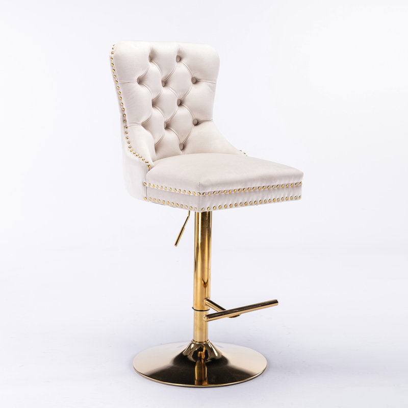Tabourets de bar rembourrés modernes (lot de 2) - Beige, hauteur réglable de 68 à 89 cm, pivotants dorés, revêtement en velours pour la maison, le pub et la cuisine avec dossier confortable.