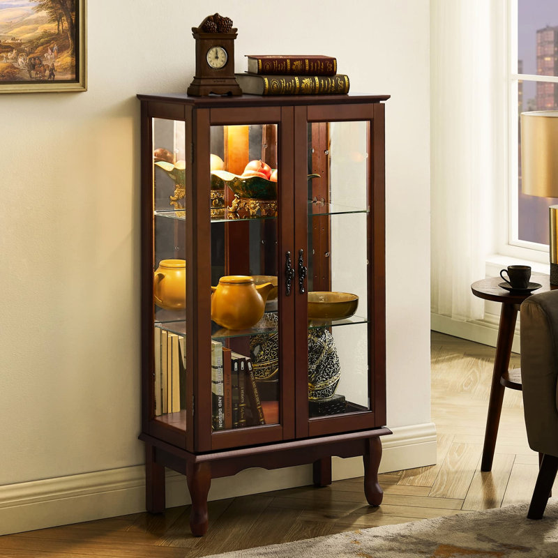 Walnut Curio Cabinet With Adjustable Shelves, Mirrored Back For Exhibits Classic Style And Storage, Walnut