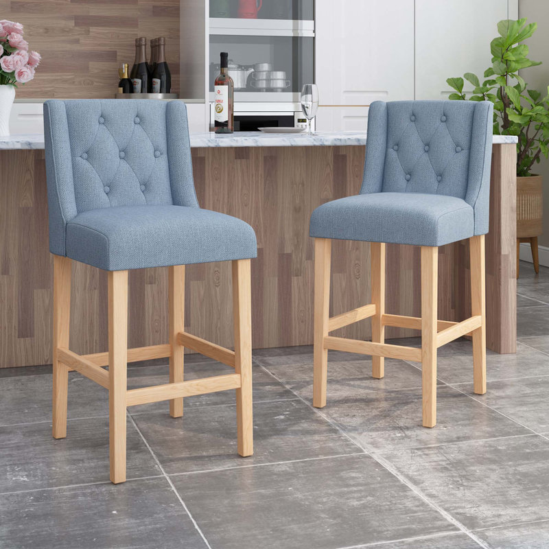 Ensemble de 2 tabourets à oreilles capitonnés en tissu pour comptoir de cuisine ou bar, Bleu