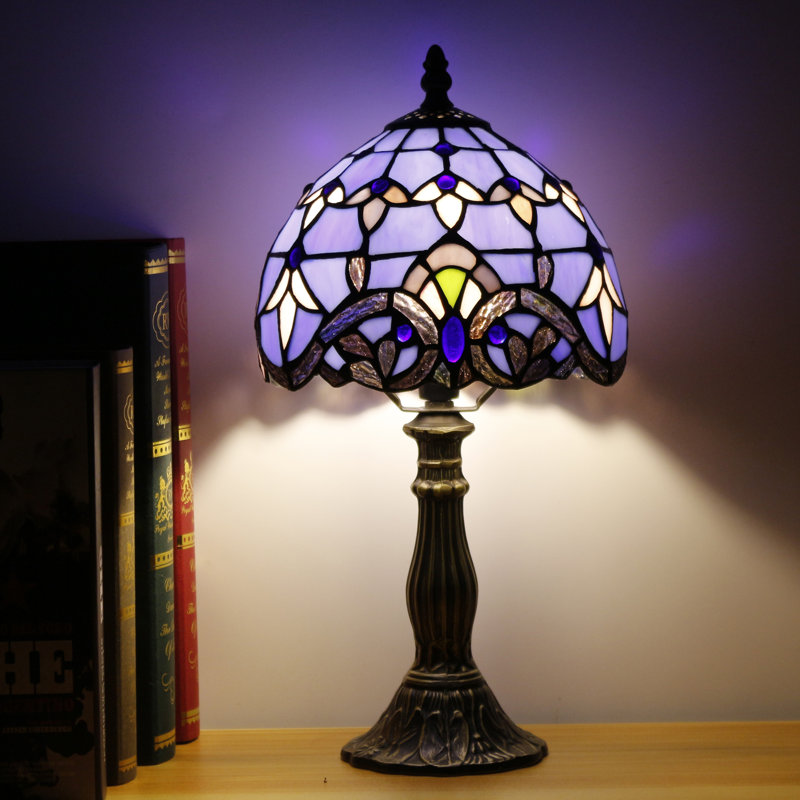Small Tiffany Lamp Stained Glass Desk Lamp Vintage Tiffany Bedside Table Lamp for Home Living Room Bedroom Nightstand 8X15 Inch (Blue Baroque Style)