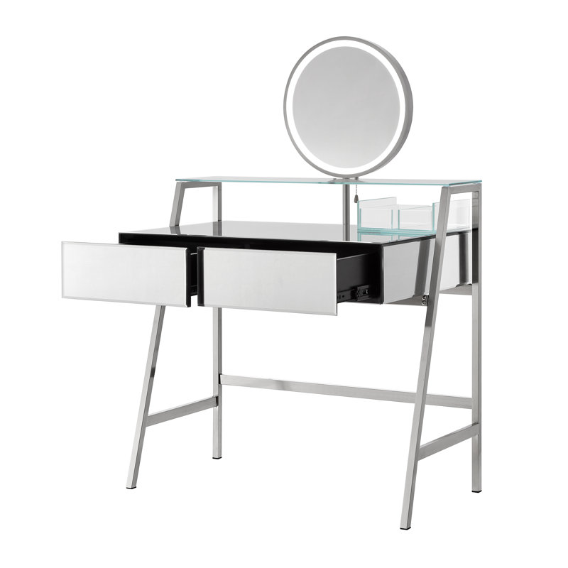  Meuble-lavabo à miroir 33,9 po avec miroir et lumières, coiffeuse à miroir avec 2 grands tiroirs et tablette ouverte, coiffeuse avec station de charge pour la chambre à coucher, argent