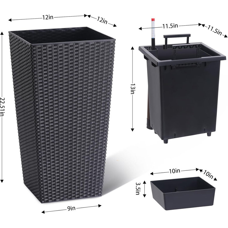 Large Outdoor Tall Planter Black Flower Pots, 23" Rattan Front Porch Decor Plant Pots With Water Level Monitor, Automatic Watering(2 Packs)