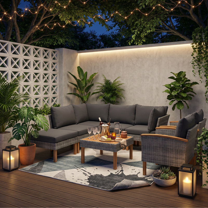 Ensemble de conversation modulaire en osier 9 pièces pour patio, canapé modulaire d'extérieur avec coussins amovibles pour la cour, le bord de la piscine et le balcon