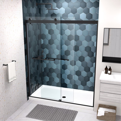 Matted Black Sliding Shower Door - 5/16" Tempered Glass, Soft Close, Collision Feature Close System Black,