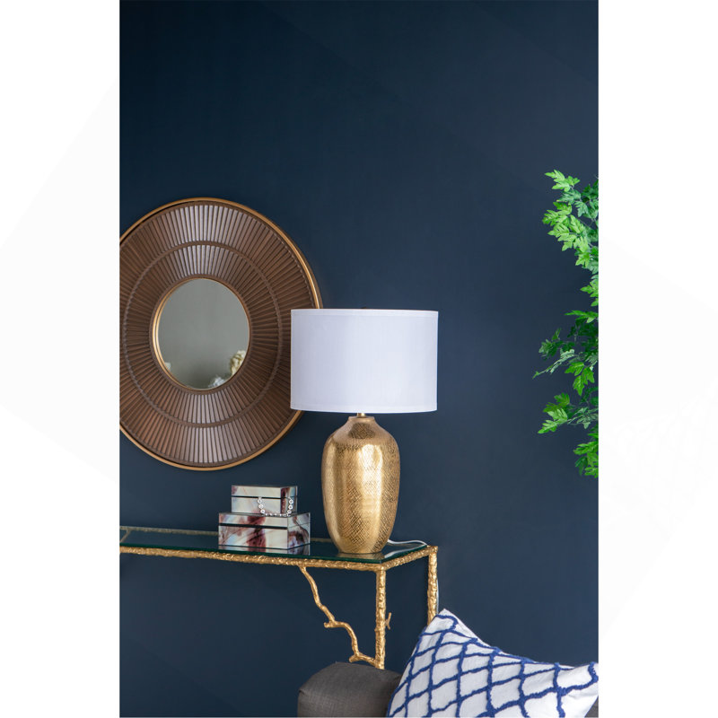 Lampe de table ronde en tôle d'aluminium avec abat-jour en tissu blanc, H 15 po x l 15 po x P 25,7 po