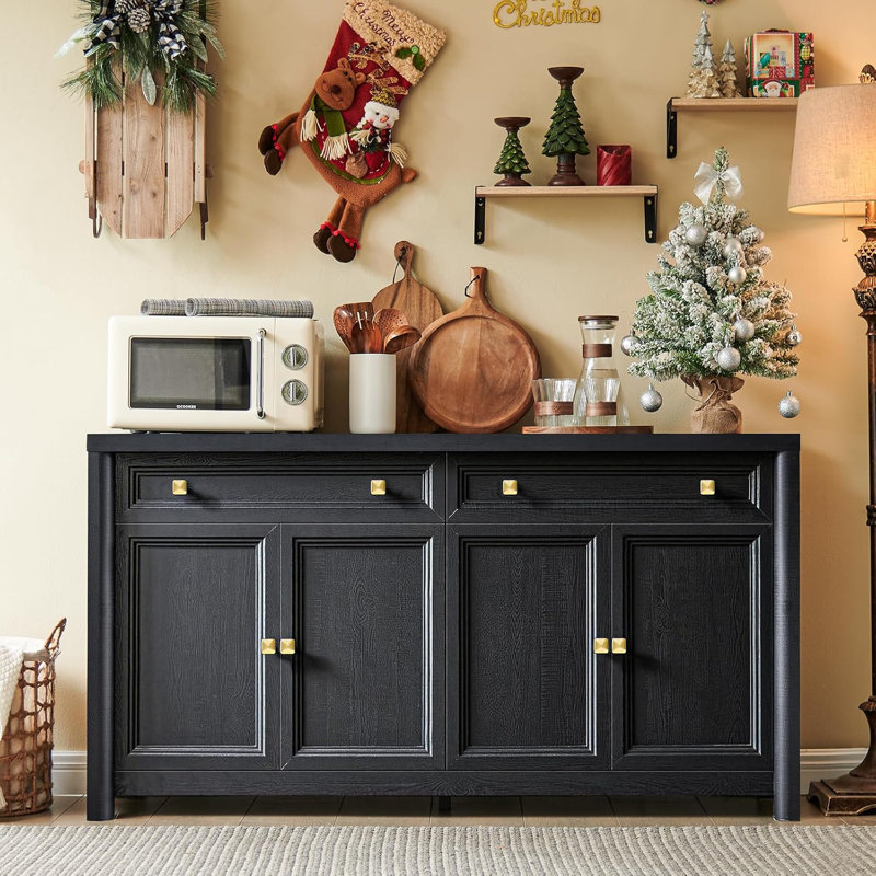 59" W Black Buffet Cabinet, Storage Sideboard with Drawer, Coffee Bar for Kicten & Living Room, Black
