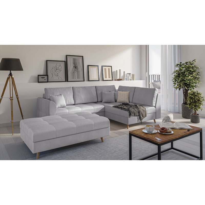 Corner Sofa And Footstool with Wooden Legs In Scandinavian Style Knutsford, Right Hand Facing, Grey