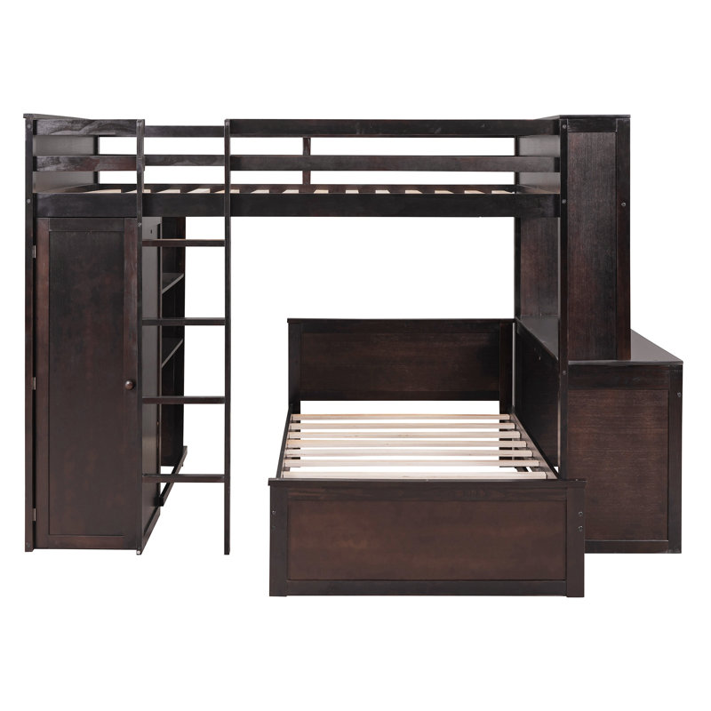 Loft Bed with a Stand-alone bed, Shelves,Desk,and Wardrobe, Twin over Full, Espresso