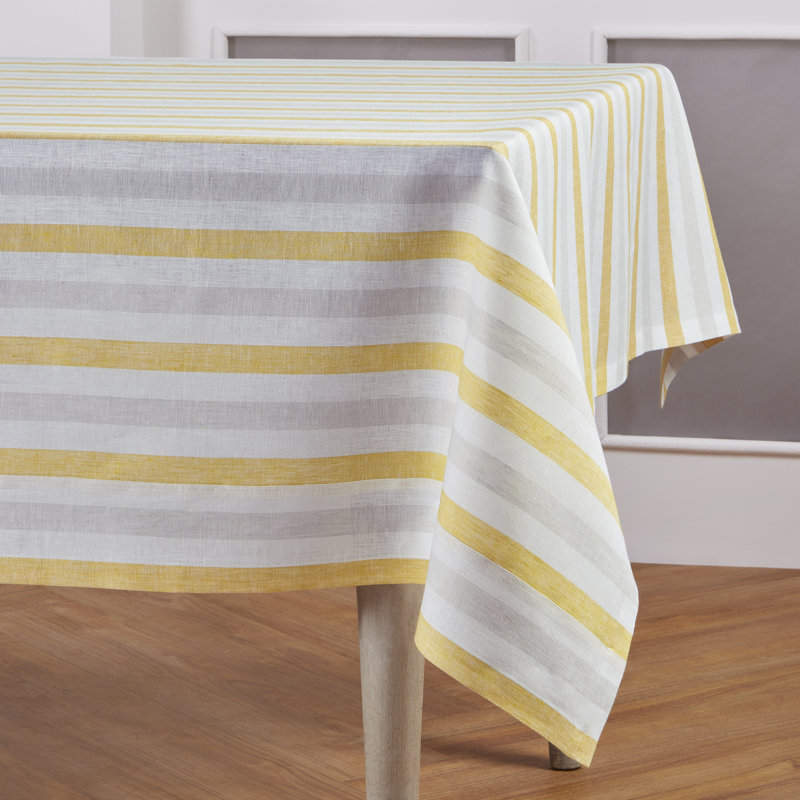Yellow and Gray Striped Linen Rectangular Tablecloth, 60 x 108 Inch