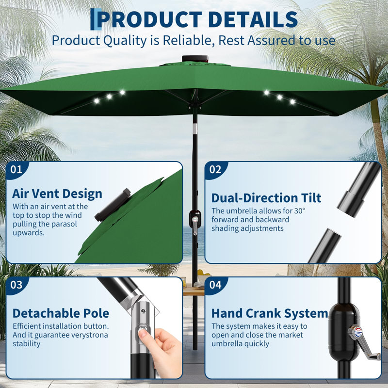 10 x 6.5 ft Solar Rectangular Patio Umbrella, with LED Lights, Green