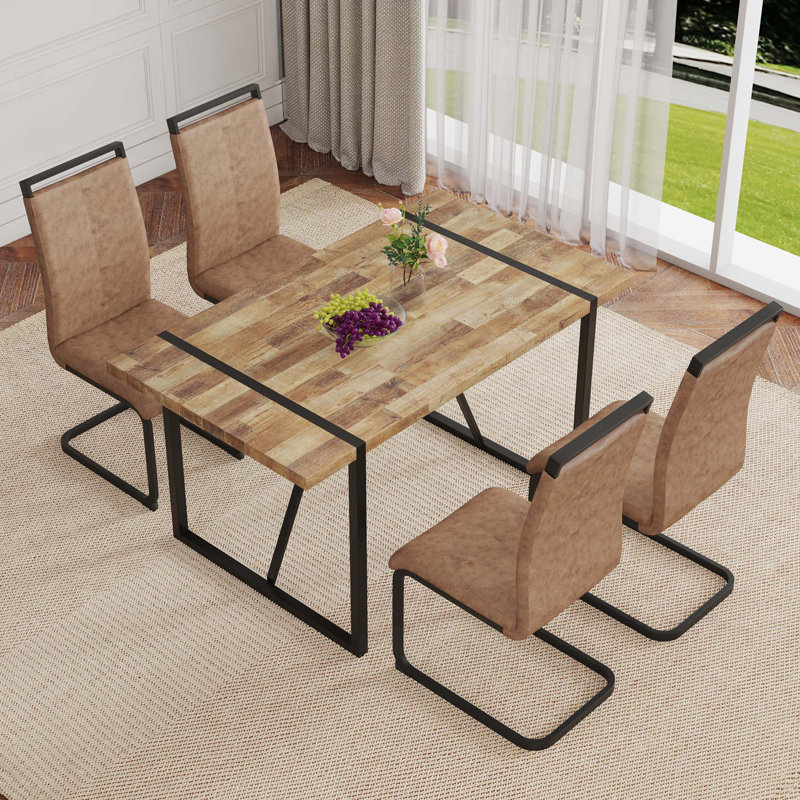 Ensemble de table et de chaises, table de salle à manger rectangulaire rétro avec plateau texturé et pieds en métal, jumelée à 4 chaises en tissu avec pieds arqués