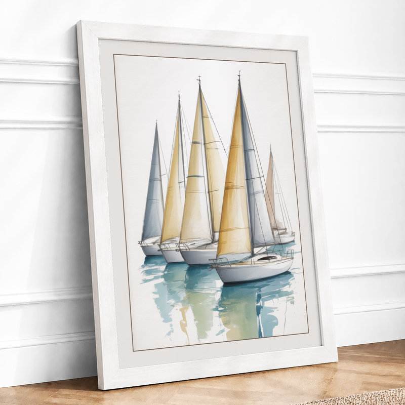 Three Sailing Vessels Coastal - Framed Print, A2 - 59.4 x 42.0 cm, White