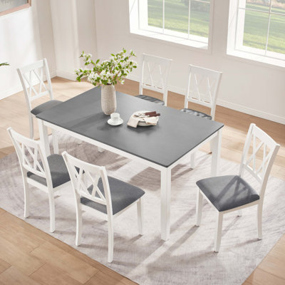 Modern 7-Piece Solid Wood Dining Set with 6 Upholstered Chairs – Grey & White Two-Tone Rectangular Table for 6, Space-Saving Kitchen & Dining Room Set