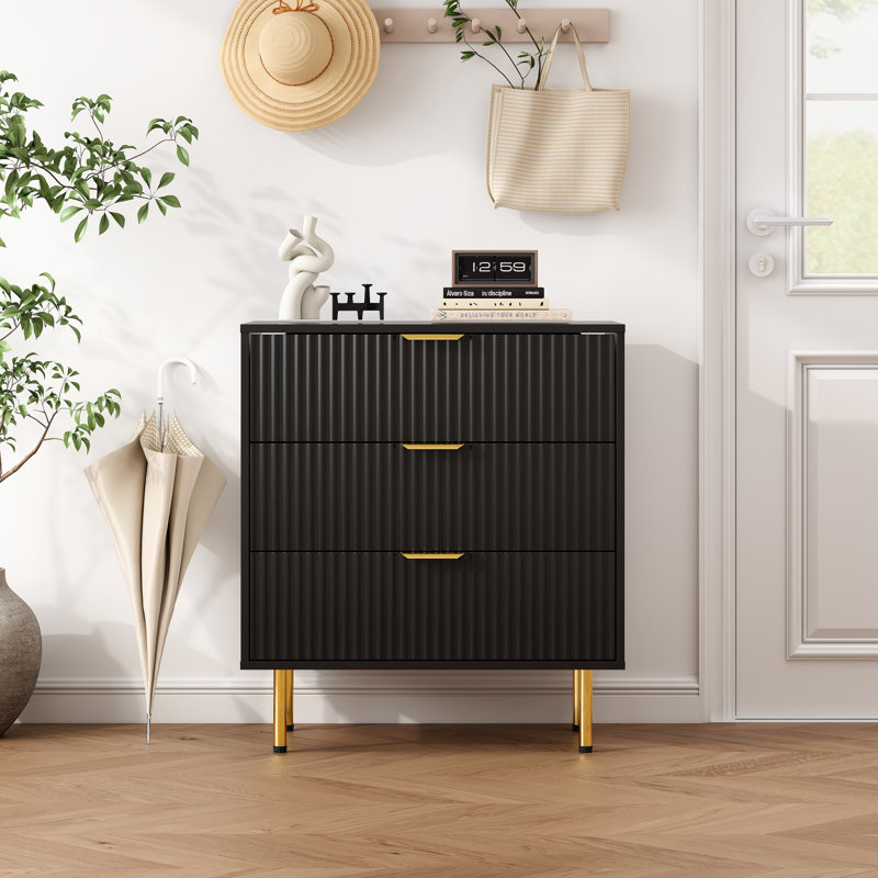 Black 3 Drawers Nightstands With Gold Handle, 30" Tall 28" Wide Wooden Large Night Stand Bedside Table For Bedroom, Black