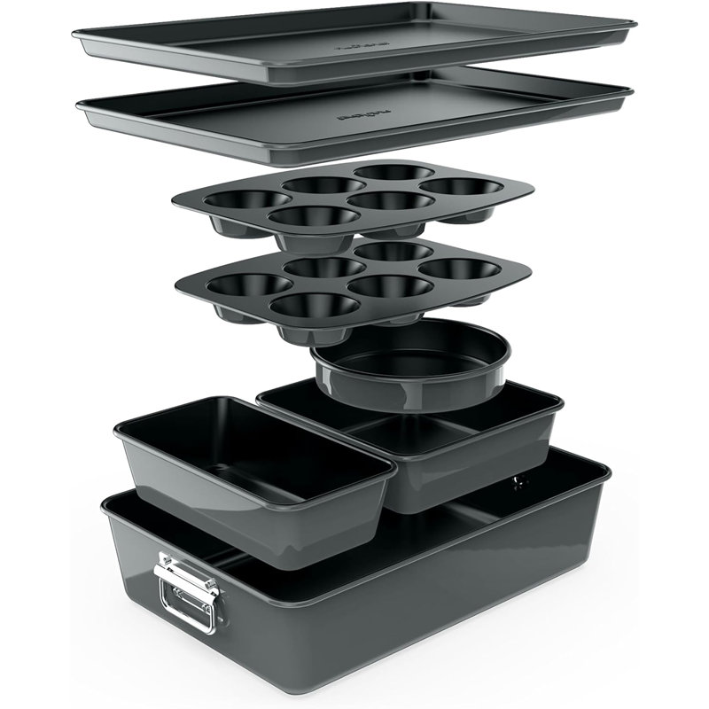 Nutrichef 8-Piece Nonstick Stackable Bakeware Set - PFOA, PFOS, PTFE Free Baking Tray Set W/Non-Stick Coating, 450°F Oven Safe, Round Cake, Loaf, Muffin, Wide/Square Pans, Cookie Sheet (Gray)