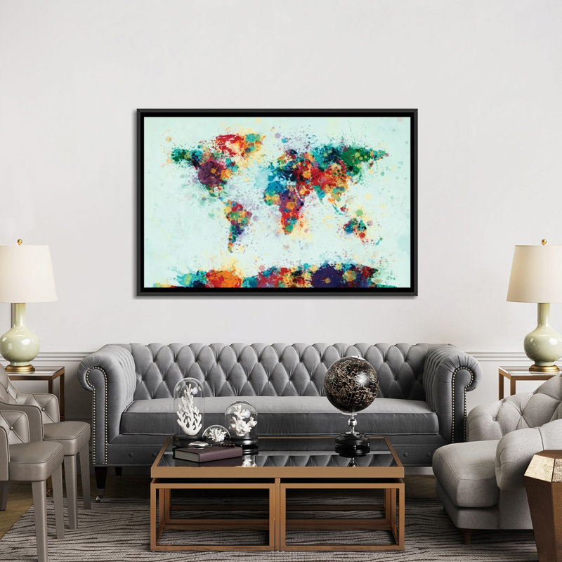 Série de carte du monde : éclaboussures de couleur i, impression sur toile tendue, H 40 po x l 60 po x P 1,5 po, Pas de tapis