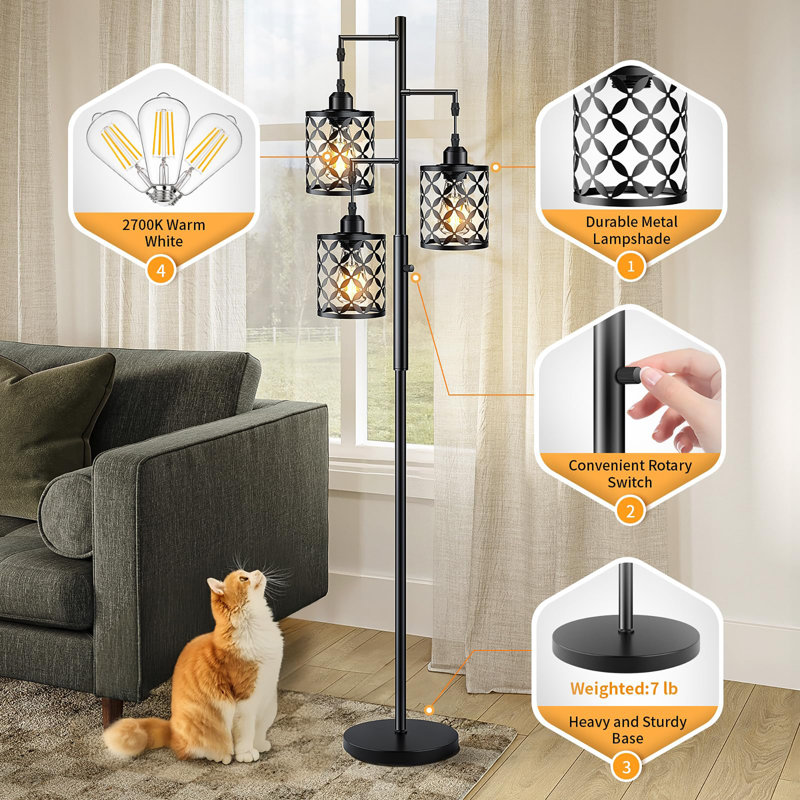 Lampe sur pied 72 "à intensité variable avec cage en métal élégante, Noir