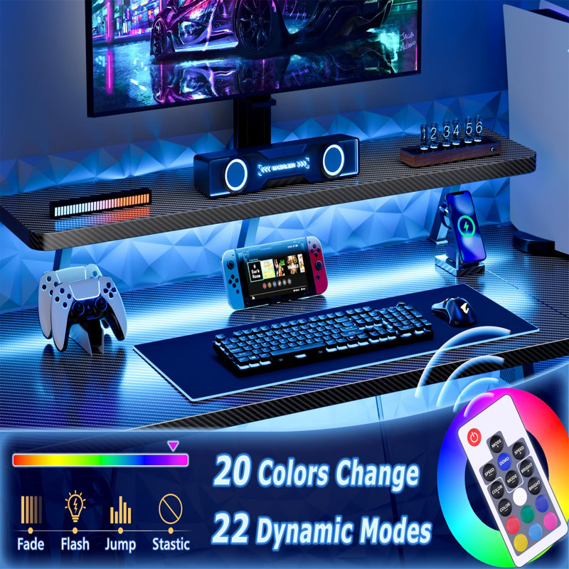 Gaming Table With LED Light, 120Cm Computer Table With Monitor Stand, L-Shaped Table With Headphone Hook, Corner Table With Shelf