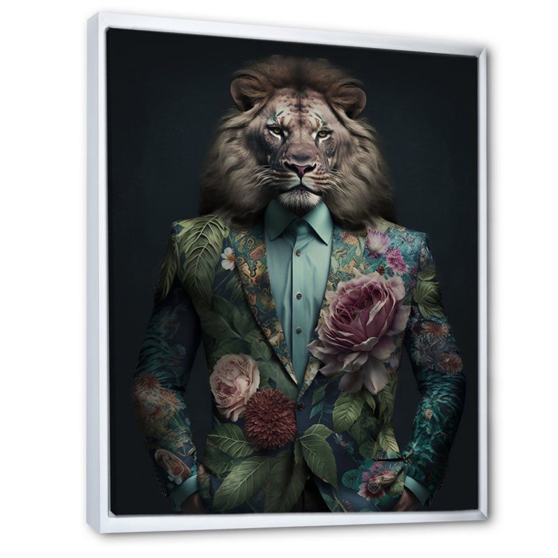 Lion glamour avec costume de fleurs - animaux, impressions d'art mural lion, 32" H x 16" W, Cadre flottant blanc