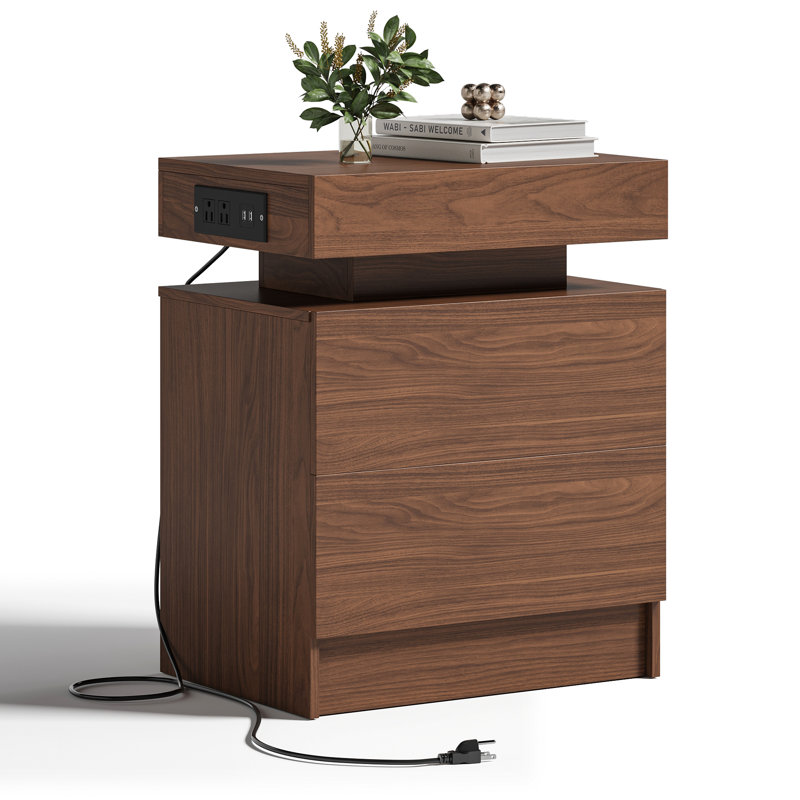 Westerly Modern Style Wooden Nightstand with LED Light and Storage Drawers, Walnut