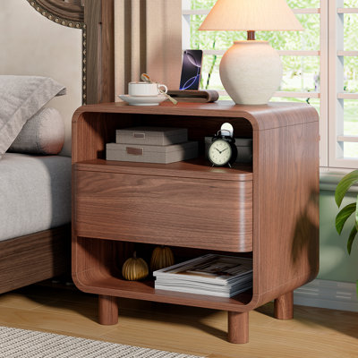 Modern Nightstand W/open Shelf Storage, Mid Century Night Stand With Drawer,curved Profile, Wood Bedside End Table For Bedroom, Walnut