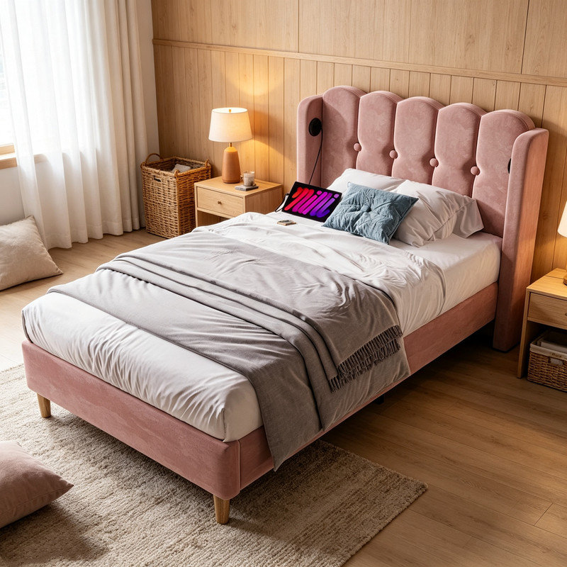 Upholstered Single (3') Velvet Bed, Pink