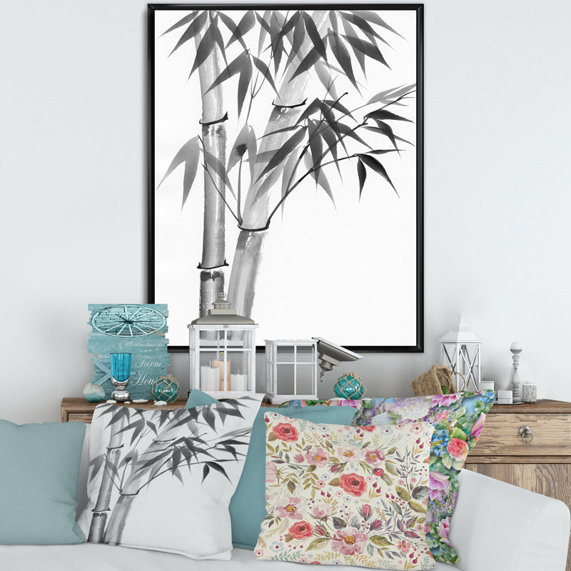 Bambou monochrome rétro - peinture sur toile, H 20 po x l 12 po x p 1 po, Toile avec cadre noir