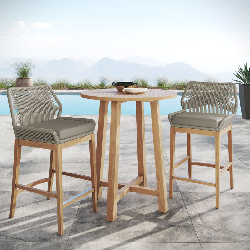 Wellspring 3-Piece Outdoor Patio Teak Wood Bar Set, Light Gray Greige