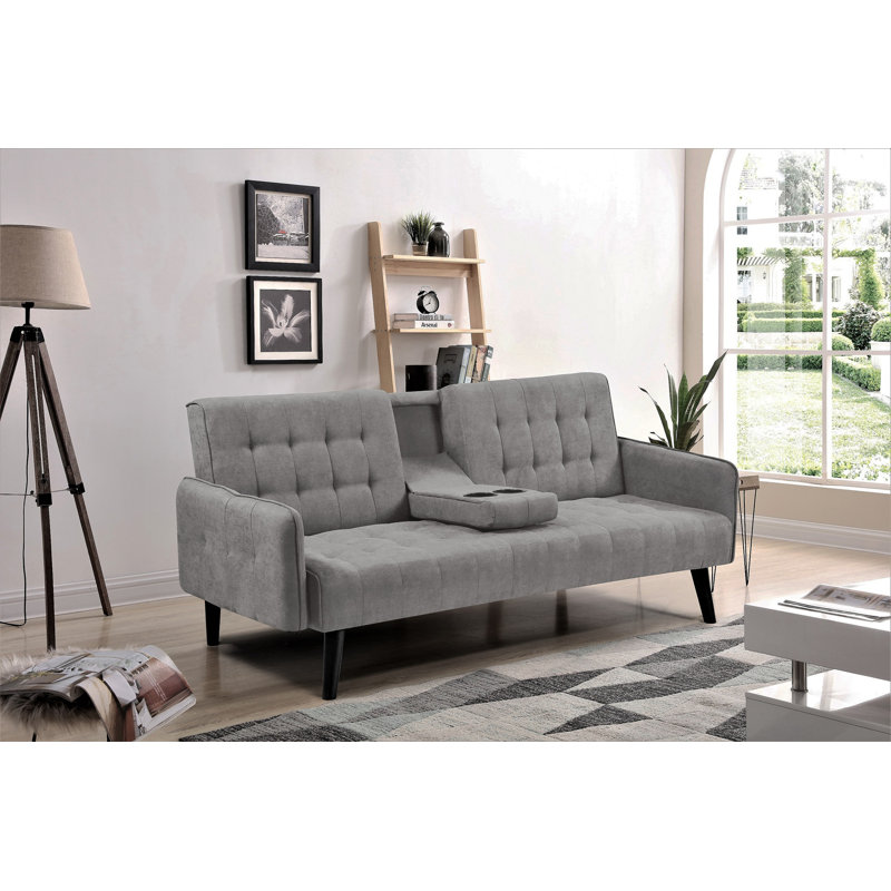 Canapé-lit de 72 po - Dossier pliant convertible en lit double avec porte-gobelet et table rabattable - Canapé en lin compact pour petits espaces - Assemblage facile, gris