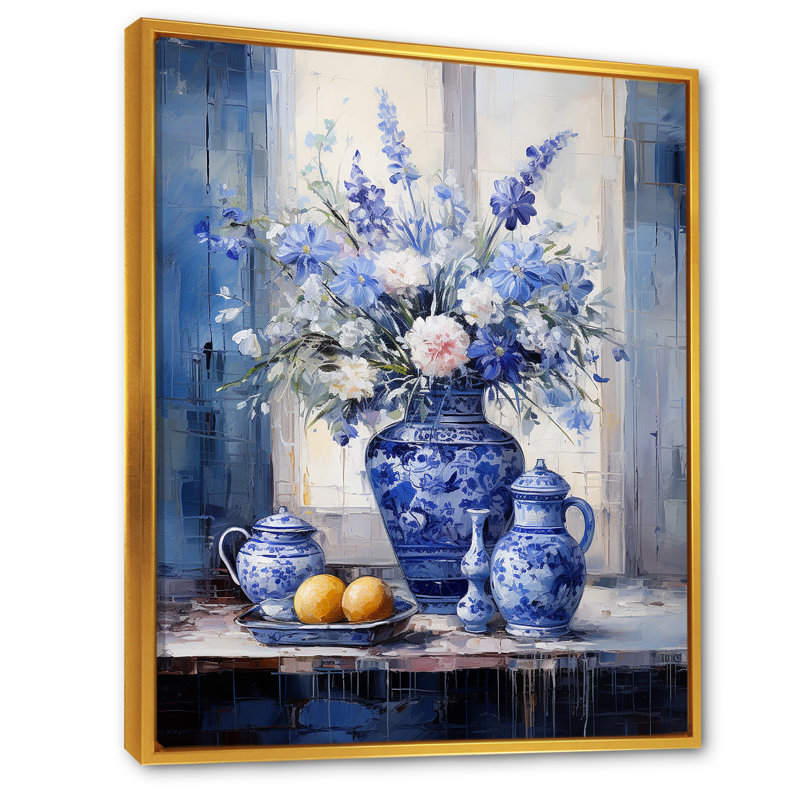 Boho bleu et blanc plante poterie IV - Boho, Cadre flottant doré, H 32 po x l 24 po x P 1 po