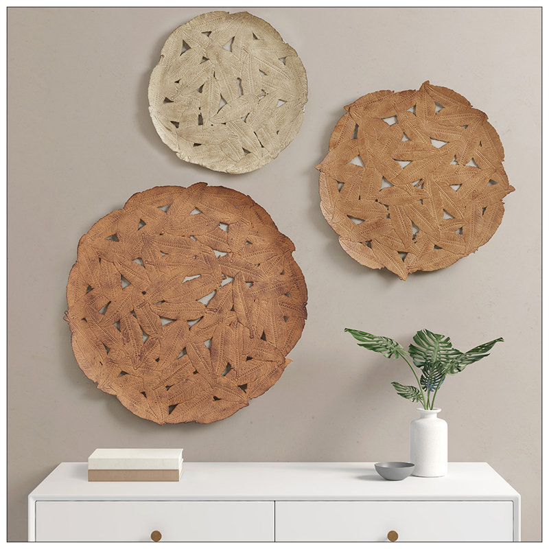 Textured Feather 3-Piece Metal Disc Wall Decor Set, Spice