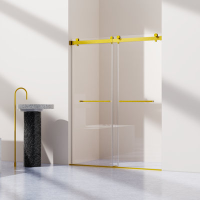 56-60" W x 76" H Frameless Double Sliding Shower Door, 3/8" Tempered Glass, Brushed Gold
