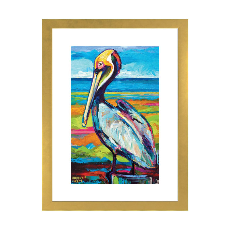 «Pelican» par Robert Phelps - reproduction d'art, H 32 po x l 24 po x P 1 po, Papier encadré doré, Blanc