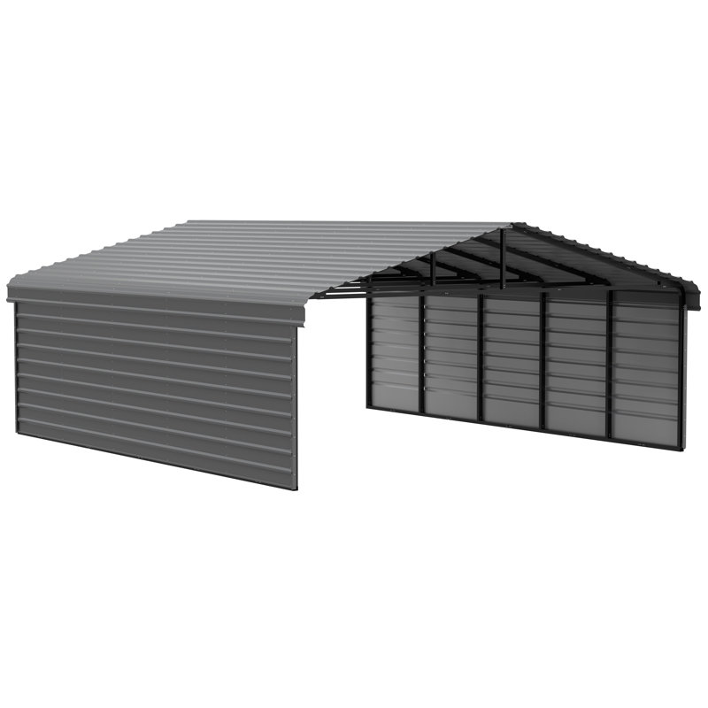 Charcoal Galvanized Steel Carport Kit with 2-Sided Enclosure