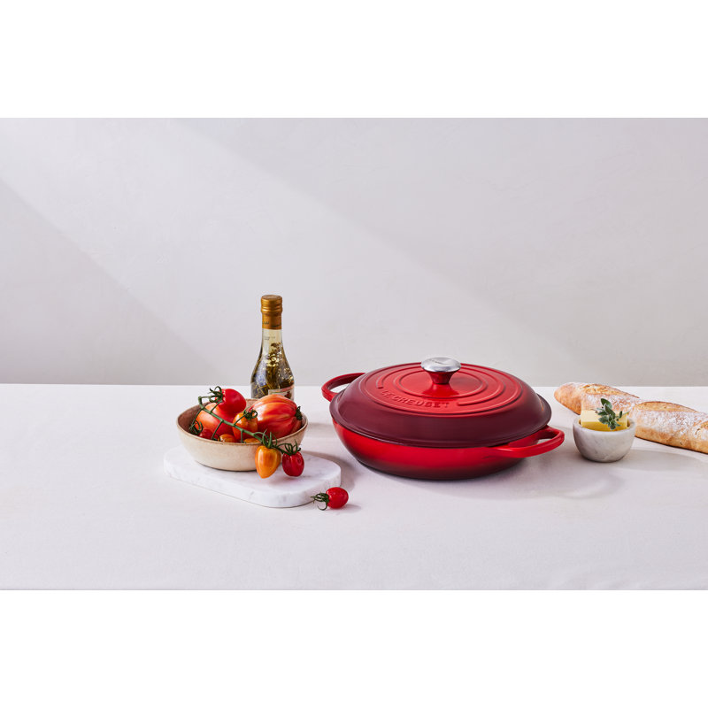 Cerise Red Enameled Cast Iron Round Braiser with Lid